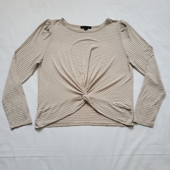 Haute Monde Women's White Striped Twisted Front Hem Long Sleeve Shirt Tan Large - Picture 3 of 10